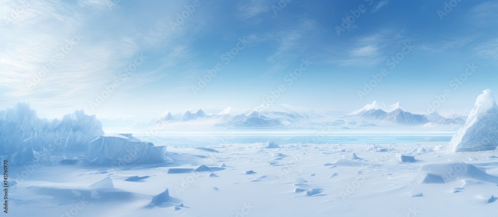 Arctic winter landscape with large glaciers frozen sea