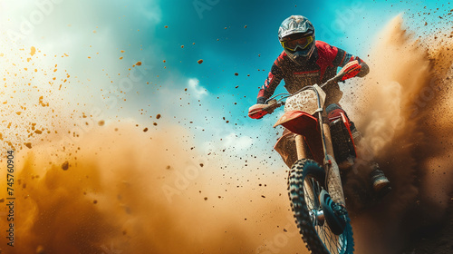 Motocross Rider in Action Kicking Up Dust on a Sunny Day with Dynamic Skies and Adventure Sports Thrills