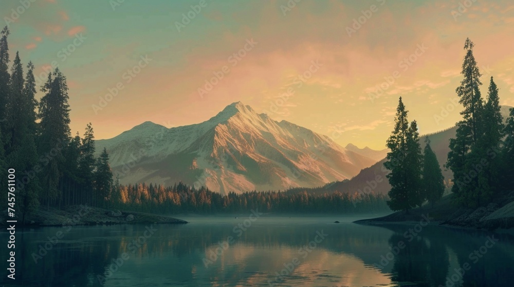 Immerse yourself in the anglocore charm of an AI-generated masterpiece portraying a mountain and lake at sunset, radiating tranquility through emerald and brown tones - obrazy, fototapety, plakaty 