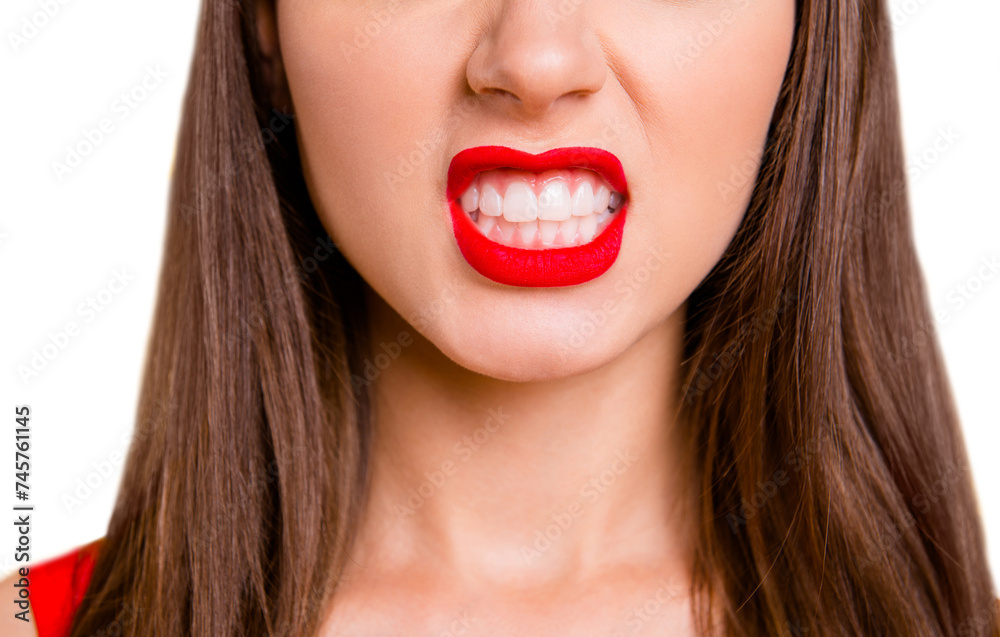 Cropped close up view photo portrait of pretty beautiful angry pretty sexual tempting charming rosy rose shiny vivid pomade angry lady demonstrating white teeth isolated on bright background Cropped close up view photo portrait of pretty beautiful angry pretty sexual tempting charming rosy rose shiny vivid pomade angry lady demonstrating white teeth isolated on bright background