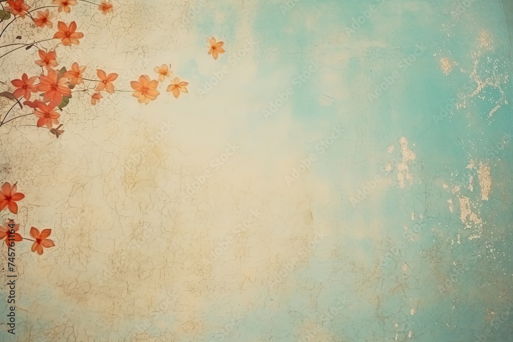 retro background with small summer colorful flowers in vintage style with free space for various inscriptions. antique wall with scuffs in shabby chic style. summer spring laconic natural background - obrazy, fototapety, plakaty 