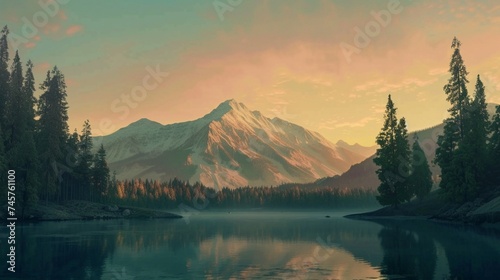 Immerse yourself in the anglocore charm of an AI-generated masterpiece portraying a mountain and lake at sunset, radiating tranquility through emerald and brown tones