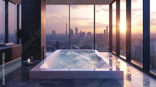 Luxury Penthouse Bathtub with Panoramic City Skyline View at Sunset