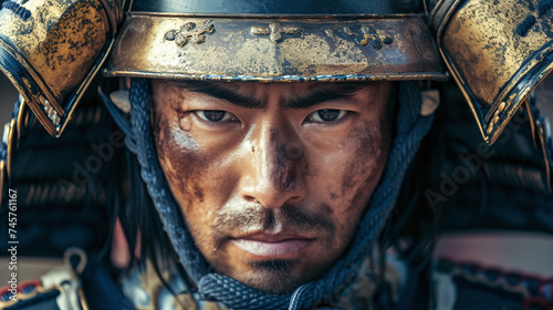 Intense Samurai Warrior Close Up Portrait in Traditional Armor with Focused Gaze and Authentic Helmet Detail