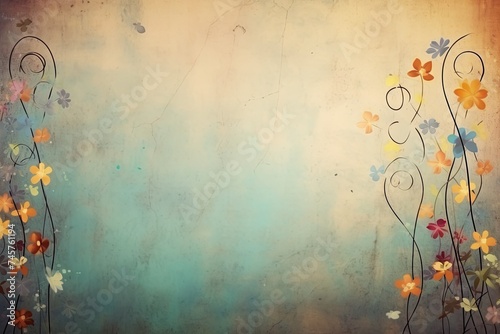 retro background with small summer colorful flowers in vintage style with free space for various inscriptions. antique wall with scuffs in shabby chic style. summer spring laconic natural background © Kristina Jalabi