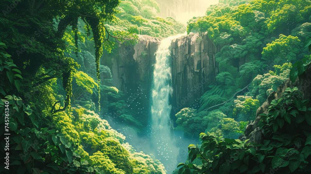 Majestic Waterfall Oasis Surrounded by Lush Green Tropical Forest Landscape Majestic Waterfall Oasis Surrounded by Lush Green Tropical Forest Landscape