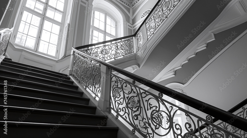 Obraz premium Elegant Black and White Grand Staircase with Ornate Wrought Iron Railing in Luxurious Interior Design