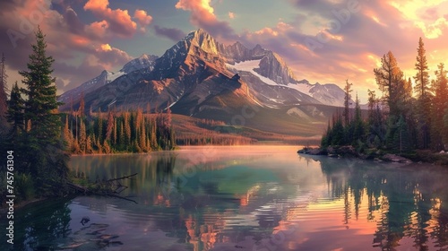 Immerse yourself in the anglocore charm of an AI-generated masterpiece portraying a mountain and lake at sunset  radiating tranquility through emerald and brown tones