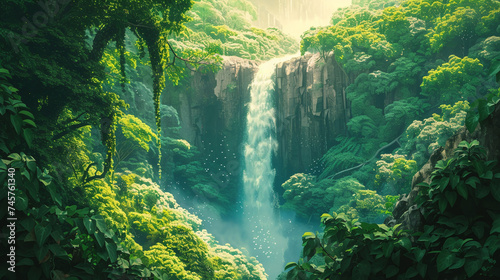 Majestic Waterfall Oasis Surrounded by Lush Green Tropical Forest Landscape