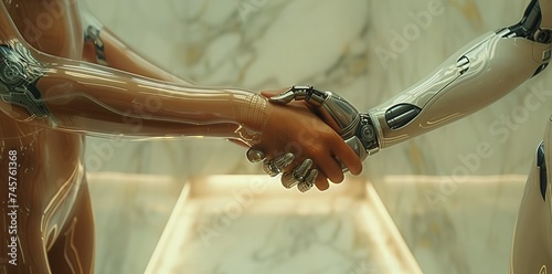 A woman and a robot are shaking hands by the sink