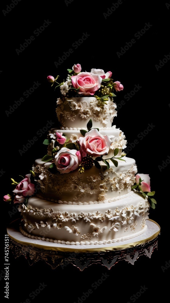 Delicious multi-tiered wedding cake isolated on black background. Generative AI Delicious multi-tiered wedding cake isolated on black background. Generative AI
