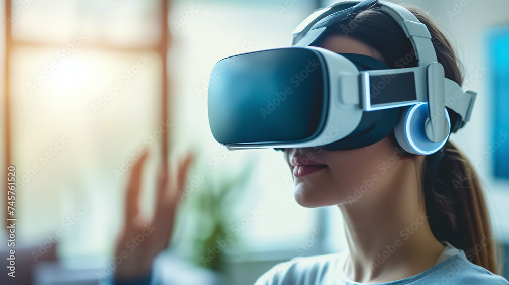 Young Woman Experiencing Virtual Reality Technology in Bright Modern Room