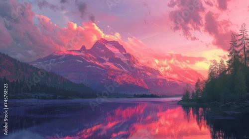 Immerse yourself in the Whistlerian charm of a sunset over a mountain and lake, brought to life through AI, featuring a perfect blend of natural colors