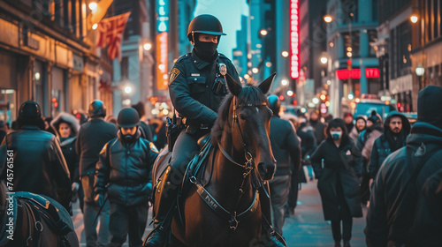 Police Officer on Horseback Patrolling Busy City Street at Dusk © Kiss