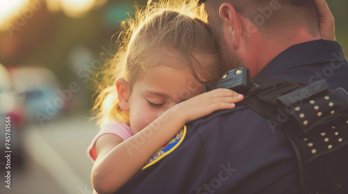 Young Child Embracing Police Officer in Uniform Showing Family Support and Trust at Sunset