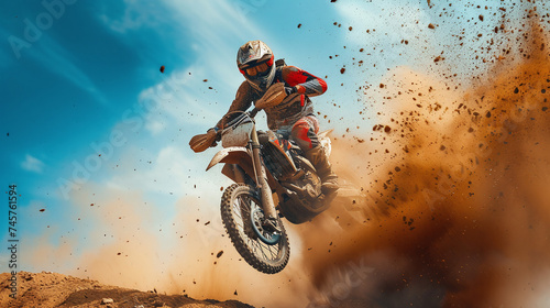 Motocross Rider Jumping Action Shot Dirt Flying Against Blue Sky Background