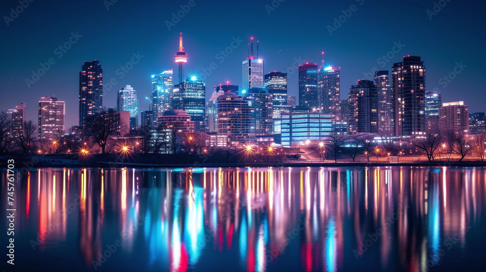 Vibrant Urban Skyline Reflections on Water at Night Cityscape Wallpaper