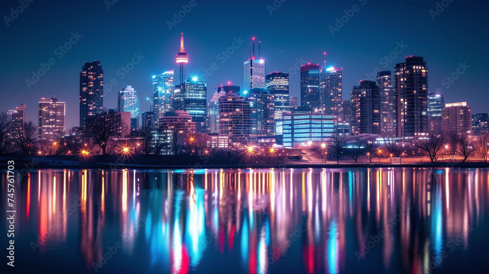 Vibrant Urban Skyline Reflections on Water at Night Cityscape Wallpaper Vibrant Urban Skyline Reflections on Water at Night Cityscape Wallpaper