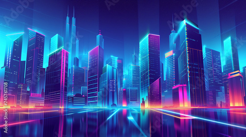 Futuristic Cityscape with Neon Lights and Vibrant Skyline at Night work © Kiss