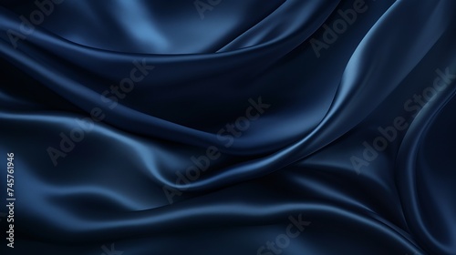 Silk satin fabric. Navy blue color. Abstract dark elegant background with space for design. Soft wavy folds. Drapery. Gradient. Light lines. Shiny. Shimmer. Glow.Template. Wide banner. Panoramic.