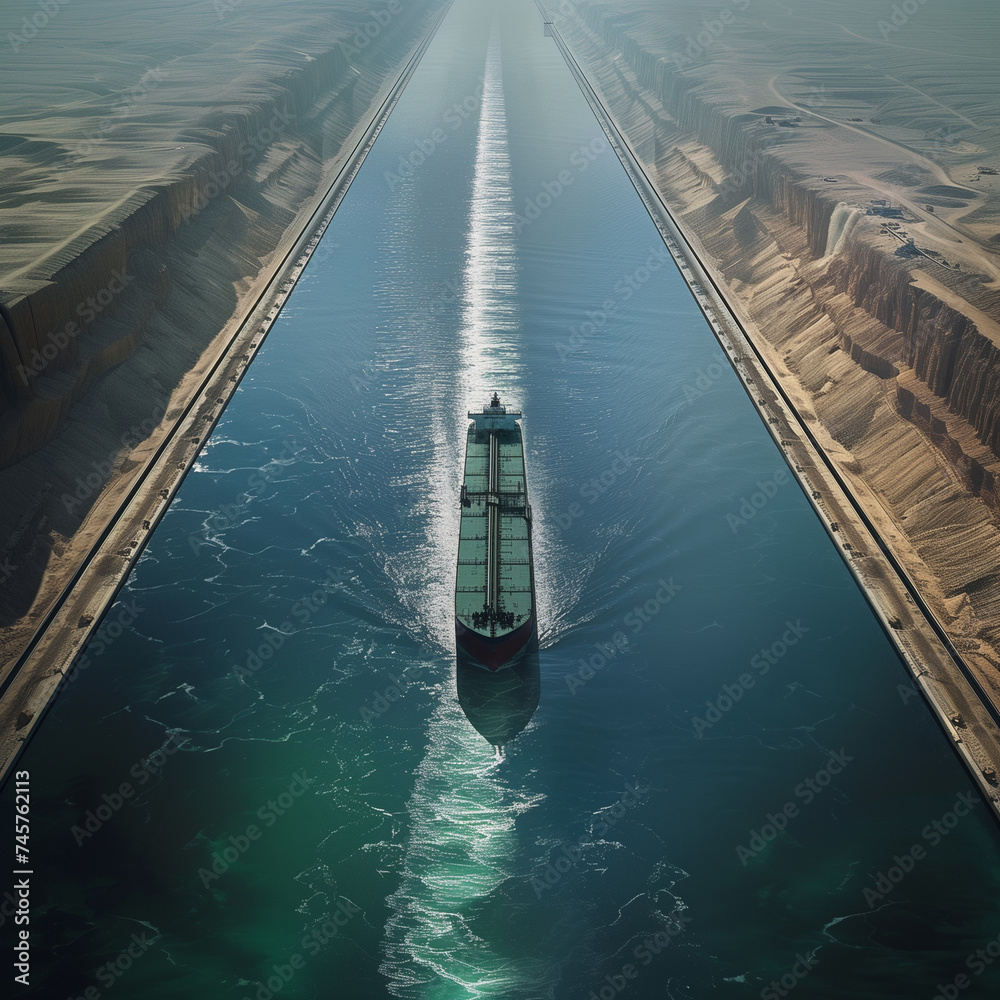 Aerial view of a cargo ship sailing in a canal. Toned.