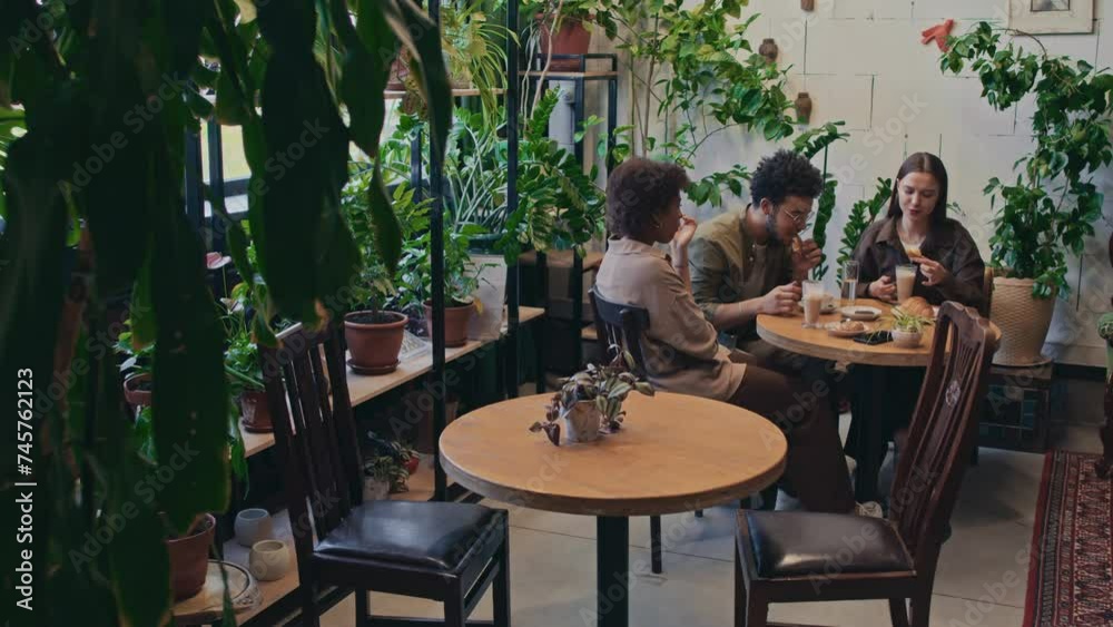 Wide shot of group of young multiethnic students in casual clothes having lunch together at cozy restaurant among green plants, drinking coffee, chatting, discussing something and laughing Wide shot of group of young multiethnic students in casual clothes having lunch together at cozy restaurant among green plants, drinking coffee, chatting, discussing something and laughing