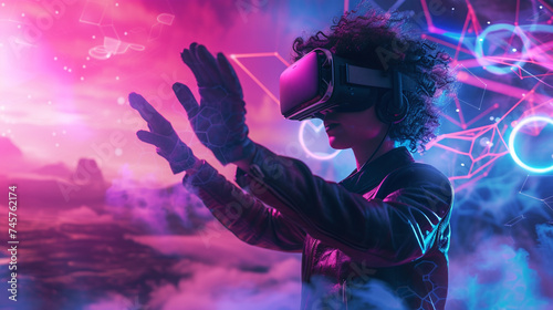 Virtual Reality Experience Futuristic Neon Landscape with Female Gamer Engaged in Interactive VR Simulation photo