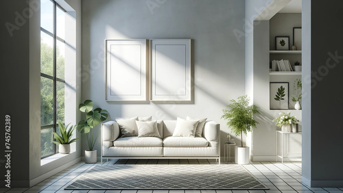 modern, airy living room interior mockup featuring two white frames hanging side