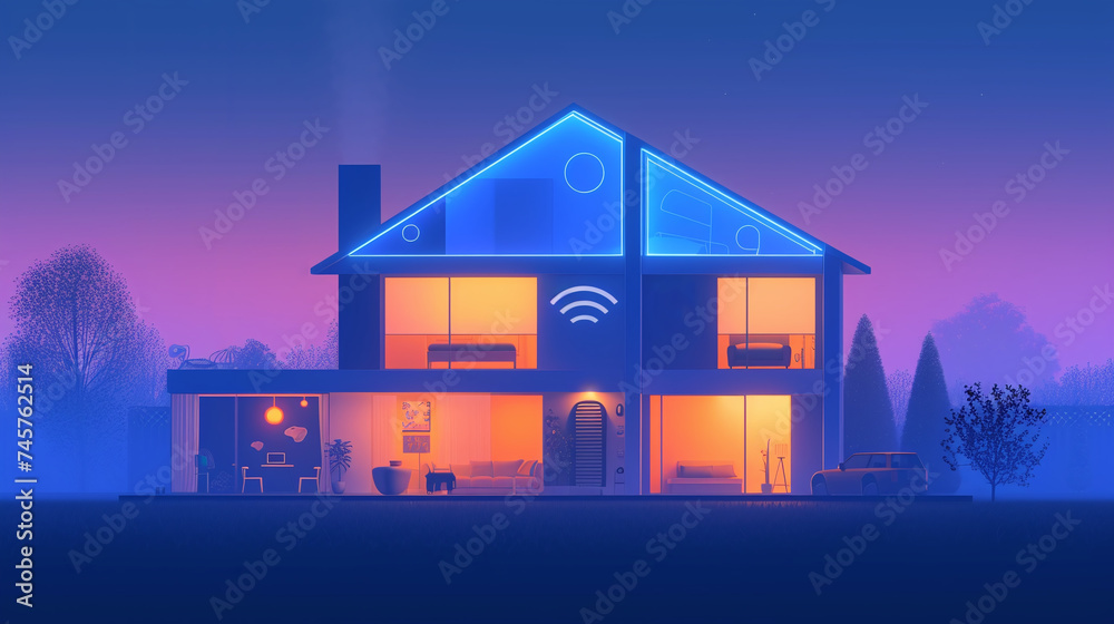 Smart Home Technology Concept Illustration with Sunset Glow and Modern House Connected Devices Smart Home Technology Concept Illustration with Sunset Glow and Modern House Connected Devices