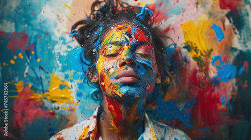 Creative Woman with Colorful Paint Splashes on Face and Body against Artistic Abstract Background