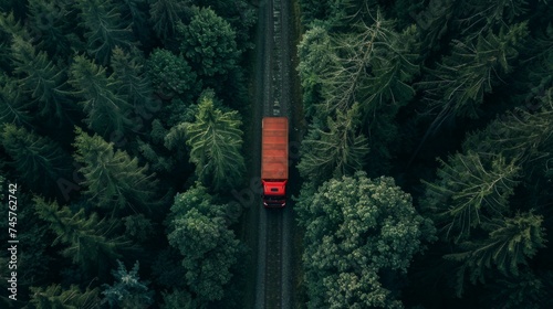 Aerial View of Heavy Truck on a Narrow Forest Road