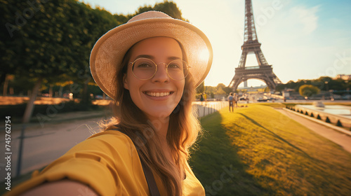 Jeune femme touriste selfie à Paris, Tour Eiffel © LUC - PHOTOGRAPHE