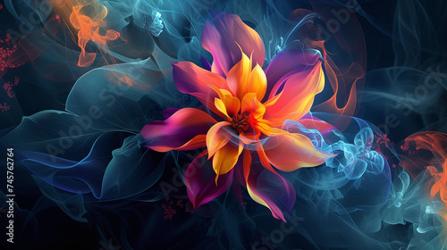 Vibrant Abstract Lotus Flower with Glowing Neon Smoke Effect on Dark Background Wallpaper