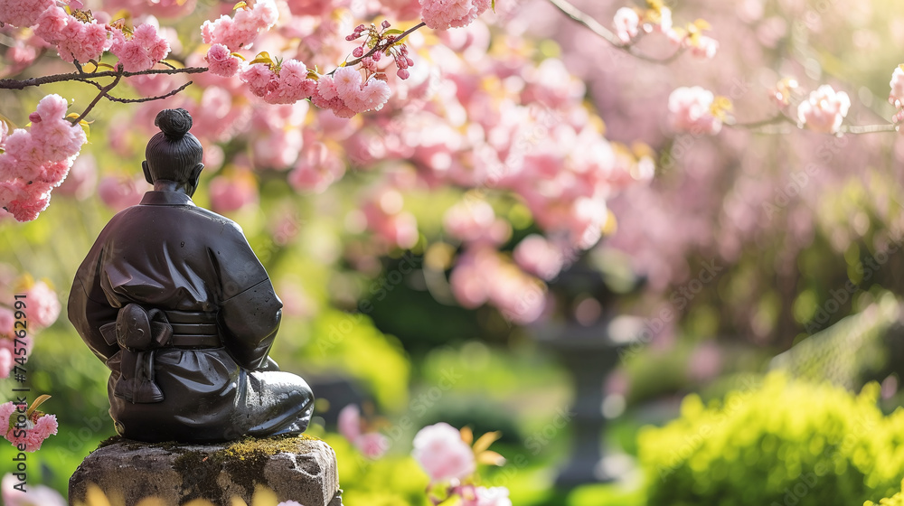 Tranquil Samurai Meditating under Cherry Blossom Tree in Serene ...