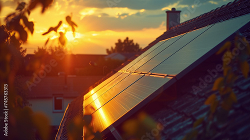 Sunset Over Rooftop Solar Panels in Suburban Neighborhood with Golden Hour Glow and Birds in Flight photo