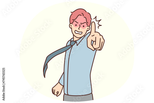 Angry businessman pointing finger at screen while arguing with employee about poor performance