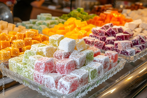 Multi-colored Traditional Turkish Delight (rahat lokum) on the cafe (shop) counter..