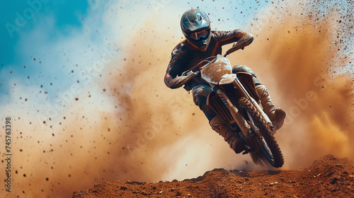 Motocross Rider in Action Kicking Up Dust on a Sunny Day at Dirt Track Extreme Sports 
