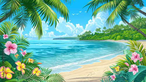 Tropical Beach Paradise with Clear Blue Water and Palm Trees Illustration