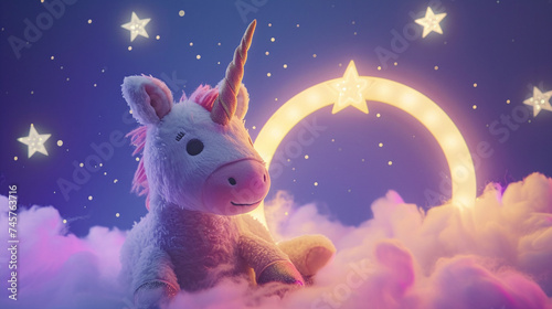 Magical Unicorn Toy with Sparkling Stars and Crescent Moon in Dreamy Night Sky Background