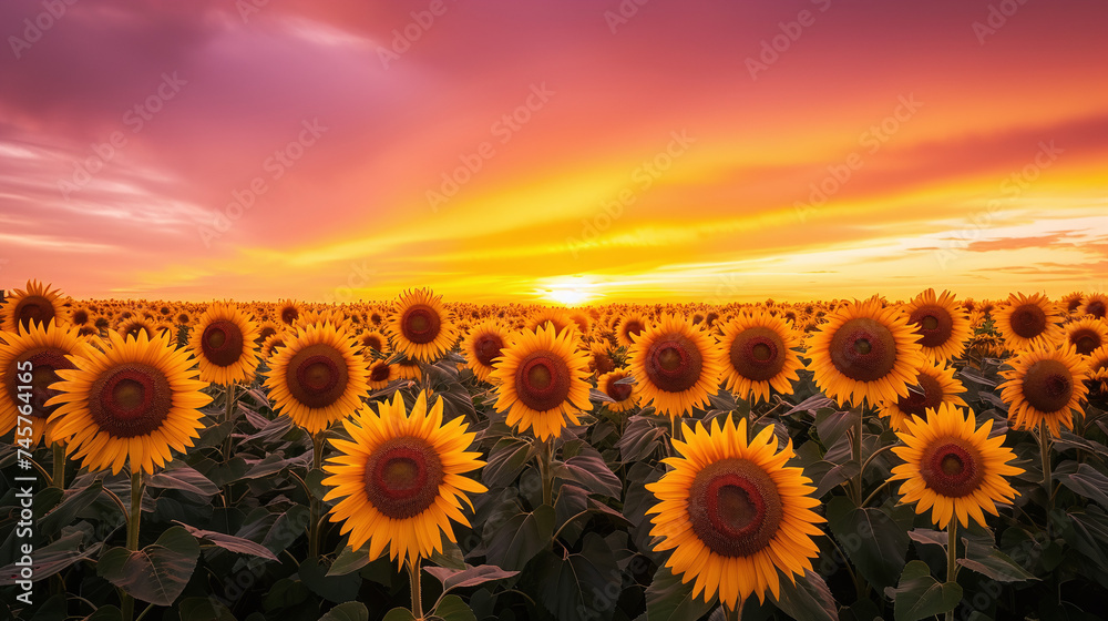 Sunset Over Vibrant Sunflower Field with Vivid Sky Perfect for Backgrounds and Wallpapers