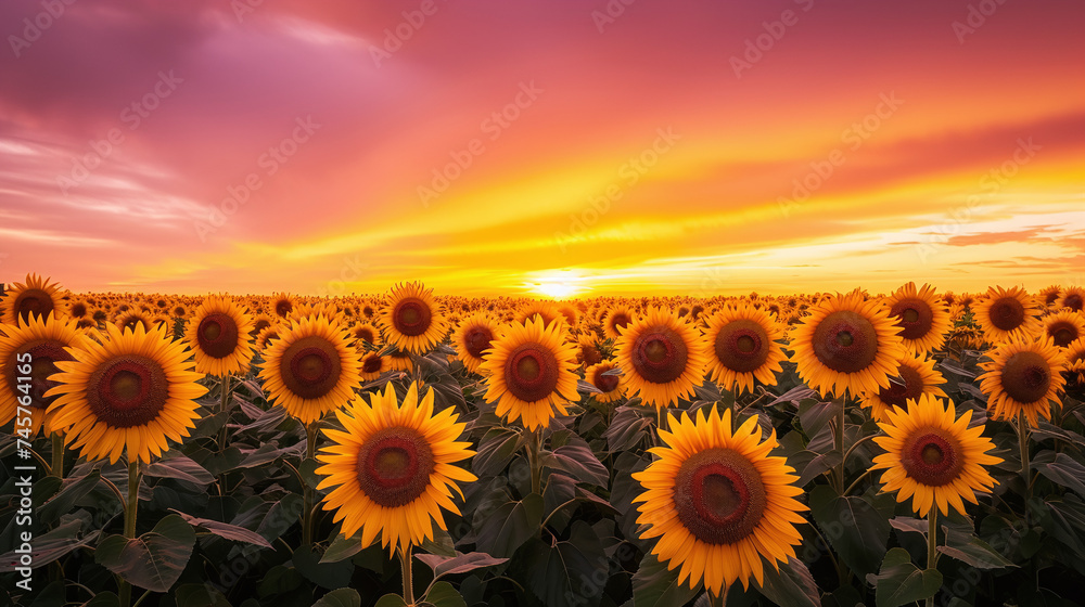 Fototapeta premium Sunset Over Vibrant Sunflower Field with Vivid Sky Perfect for Backgrounds and Wallpapers