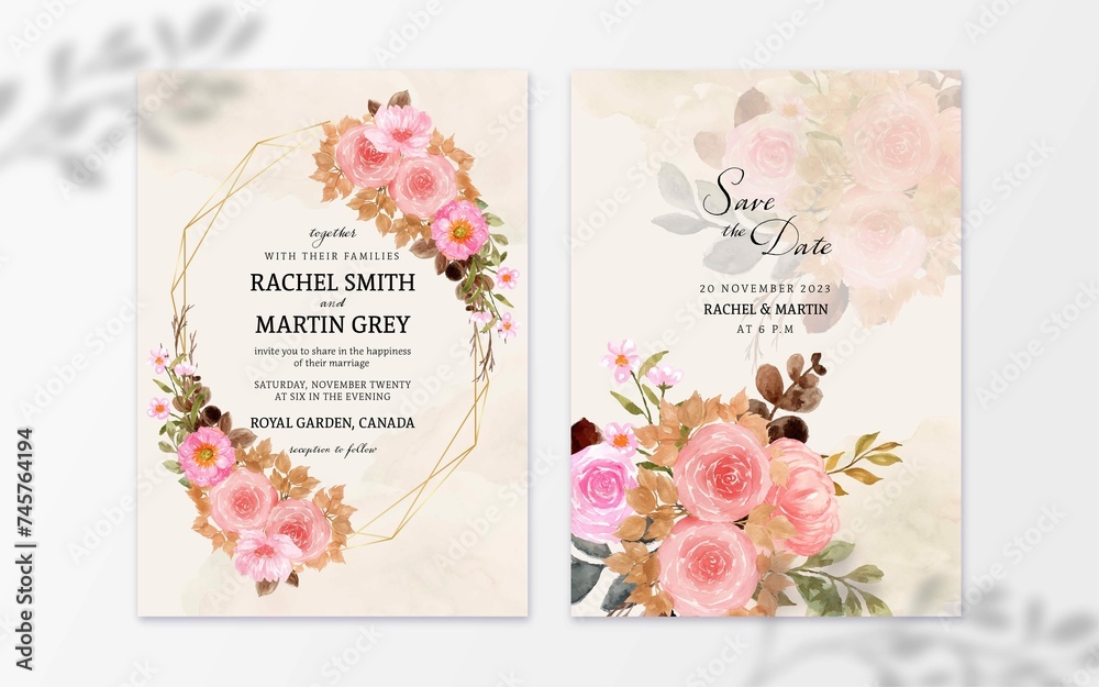 Set Rustic Pink Watercolor Flower With Abstract Stain Wedding Invitation