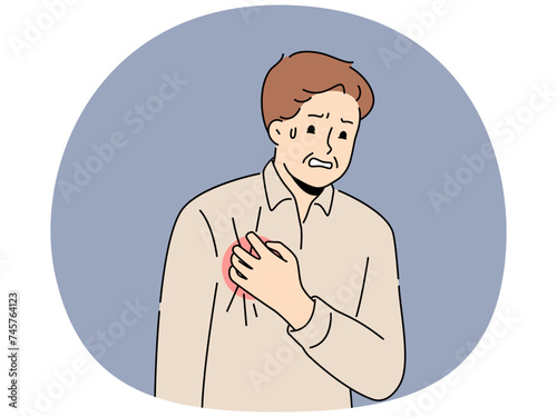 Unwell man touch chest suffer from heart attack. Sick male struggle with cardiovascular disease or myocardial infarct. Healthcare and cardiology. Vector illustration.