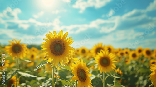 Sunflower Field Under Blue Sky with Bright Sunflare Nature Background