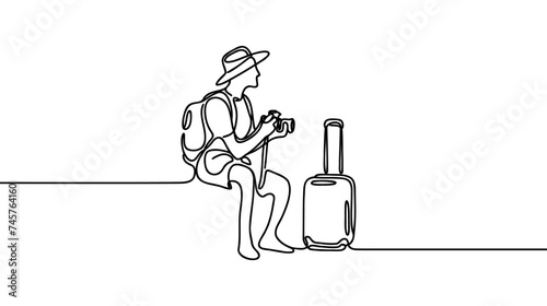 Continuous line drawing of traveler, tourist. Single one line art concept of tourist on white background. Vector illustration