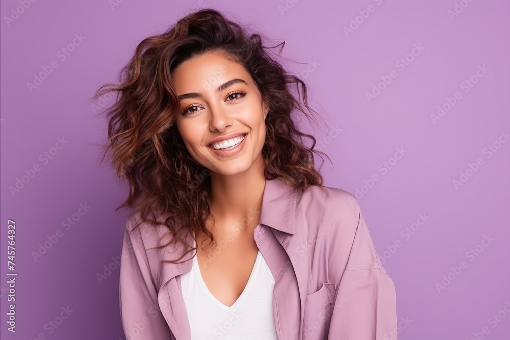 Portrait of a smiling young woman looking at camera over purple background Portrait of a smiling young woman looking at camera over purple background