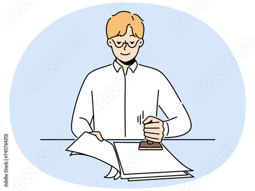 Male notary stamping documents in office. Smiling man worker sign with stamp official agreements at workplace. Vector illustration.