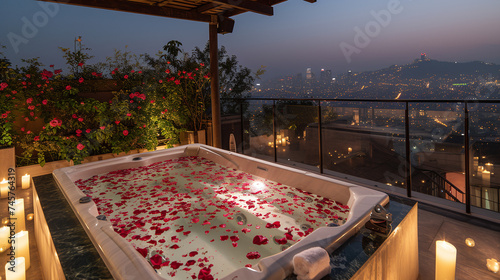 Luxury Rooftop Jacuzzi Bath with Rose Petals Overlooking Cityscape at Dusk photo