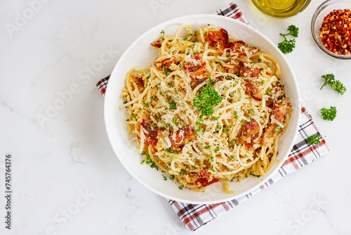 Spaghetti Carbonara Pasta with Bacon Top Down Photo on White Background